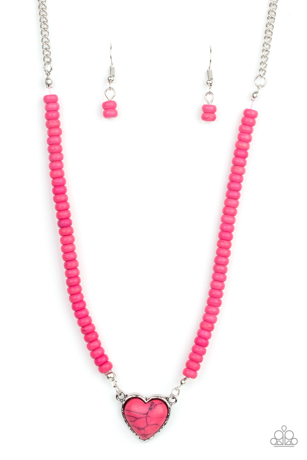 Country Sweetheart Pink Heart Necklace - Paparazzi Accessories  Infused with pink stone beads, a charming pink heart stone pendant swings below the collar for a free-spirited look. Features an adjustable clasp closure.  Sold as one individual necklace. Includes one pair of matching earrings.  Get The Complete Look! Bracelet: "Charmingly Country - Pink" (Sold Separately)