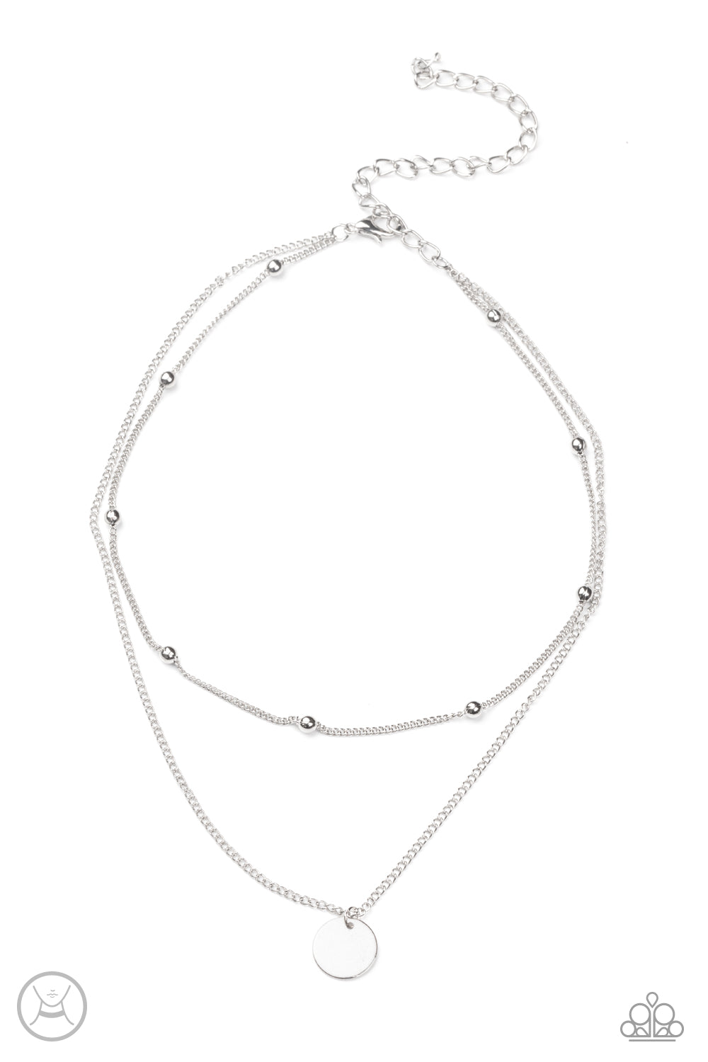 Modestly Minimalist Silver Choker Necklace - Paparazzi Accessories  Infused with a silver beaded chain, a dainty silver disc slides along a classic silver chain around the neck, creating sleek layers. Features an adjustable clasp closure.  All Paparazzi Accessories are lead free and nickel free!  Sold as one individual choker necklace. Includes one pair of matching earrings.