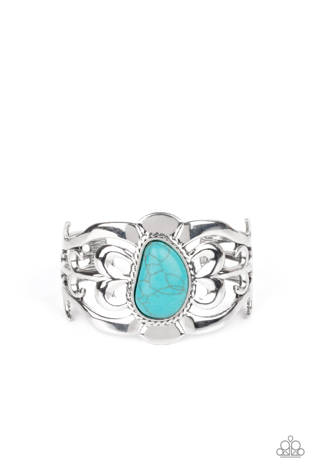 The MESAS are Calling Blue Cuff Bracelet - Paparazzi Accessories  An asymmetrical turquoise stone is pressed into the center of a silver cuff layered with filigree patterns around the wrist for a rustic flair.  ﻿All Paparazzi Accessories are lead free and nickel free!  Sold as one individual bracelet.