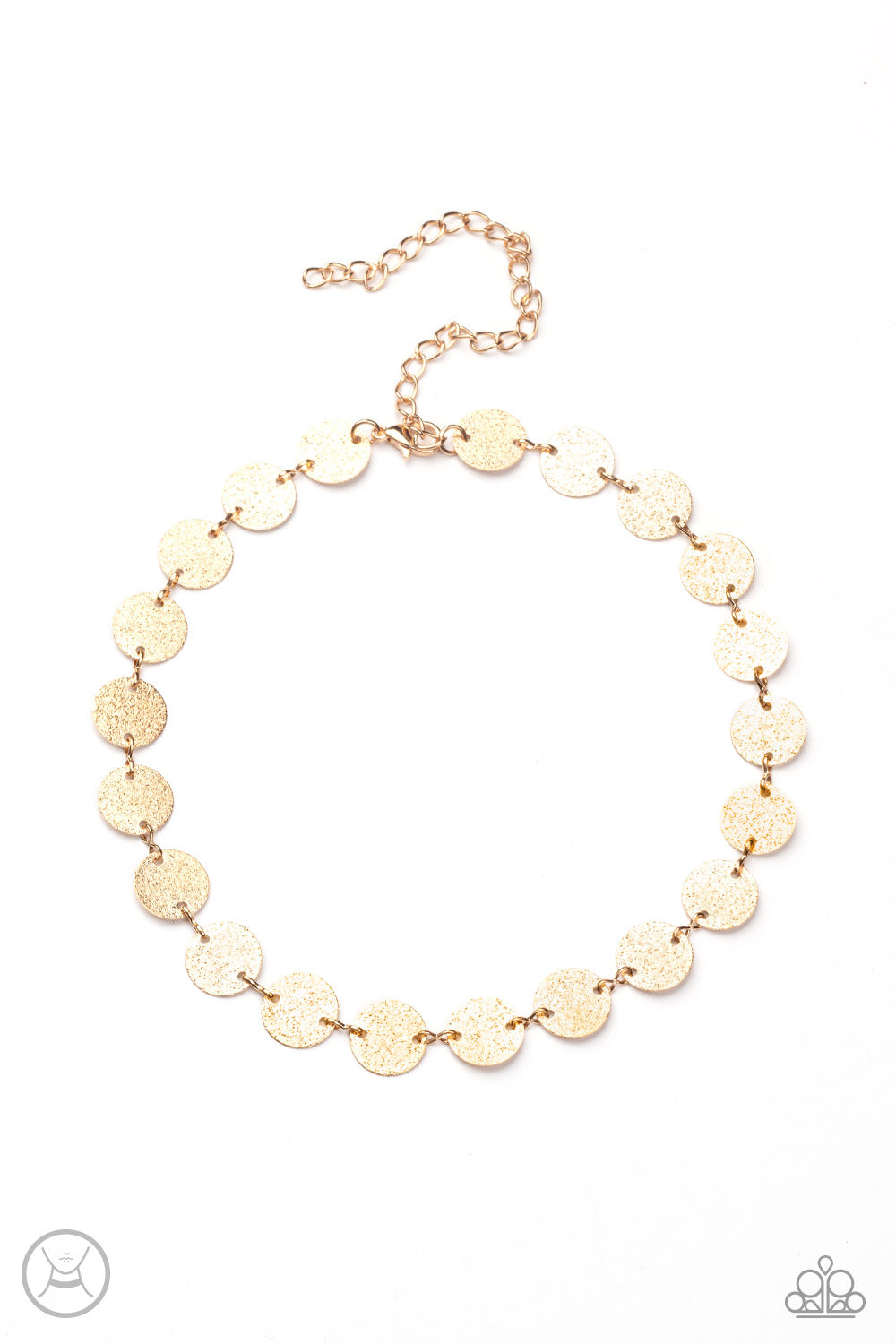 Reflection Detection Gold Choker Necklace - Paparazzi Accessories  Hammered in shimmery detail, a shiny collection of dainty gold discs delicately link into a blinding display around the neck. Features an adjustable clasp closure.  Sold as one individual choker necklace. Includes one pair of matching earrings.