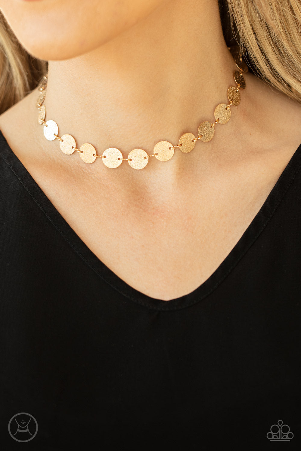 Reflection Detection Gold Choker Necklace - Paparazzi Accessories  Hammered in shimmery detail, a shiny collection of dainty gold discs delicately link into a blinding display around the neck. Features an adjustable clasp closure.  Sold as one individual choker necklace. Includes one pair of matching earrings.