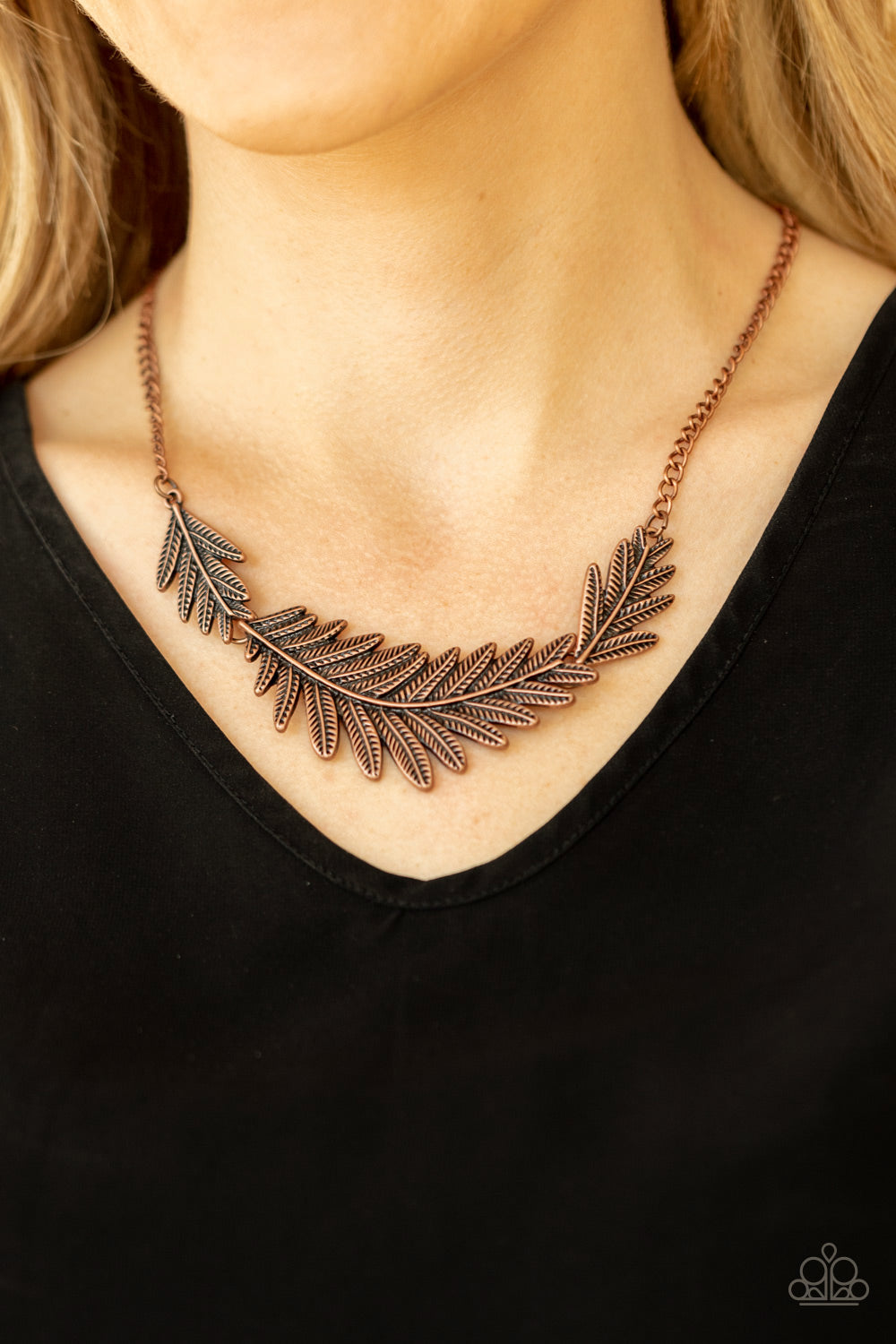 Queen of the QUILL Copper Necklace - Paparazzi Accessories  Etched and embossed in lifelike textures, leafy copper plates connect into a dramatic feather below the collar for a seasonal statement. Features an adjustable clasp closure.  All Paparazzi Accessories are lead free and nickel free!  Sold as one individual necklace. Includes one pair of matching earrings.