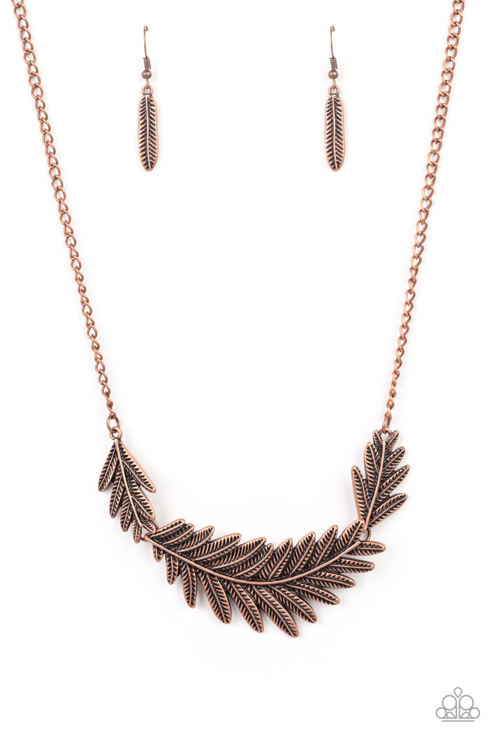 Queen of the QUILL Copper Necklace - Paparazzi Accessories  Etched and embossed in lifelike textures, leafy copper plates connect into a dramatic feather below the collar for a seasonal statement. Features an adjustable clasp closure.  All Paparazzi Accessories are lead free and nickel free!  Sold as one individual necklace. Includes one pair of matching earrings.