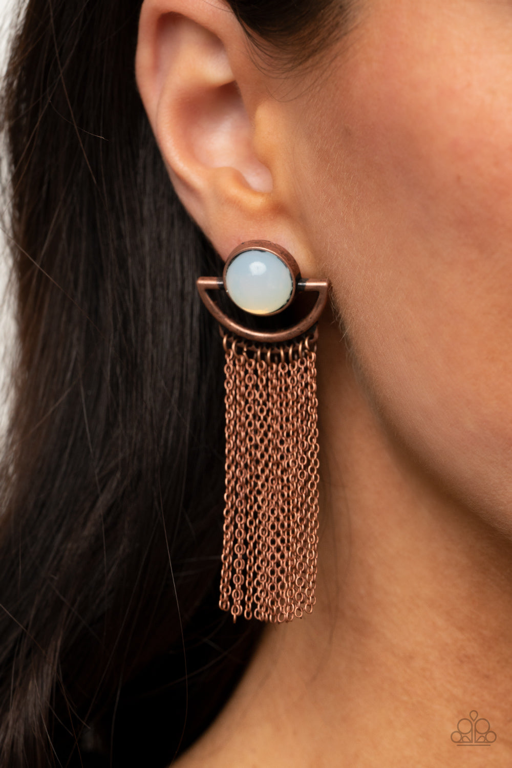 Opal Oracle Copper Earring - Paparazzi Accessories  A curtain of dainty copper chains stream from the bottom of a rustic crescent shaped copper frame that is dotted in a dewy opal bead for a mystical finish. Earring attaches to a standard post fitting.  All Paparazzi Accessories are lead free and nickel free!  Sold as one pair of post earrings.