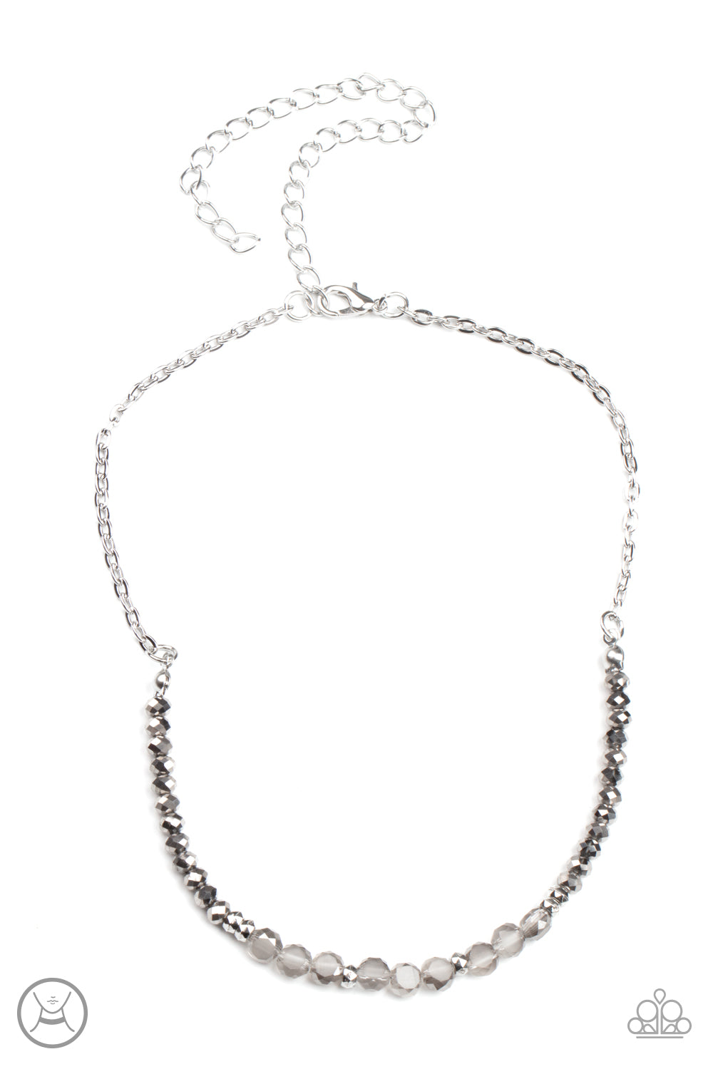 Space Odyssey Silver Choker Necklace - Paparazzi Accessories  A dainty collection of mismatched silver beads, hematite rhinestones, and smoky crystal-like accents are threaded along an invisible wire around the neck for a stellar look. Features an adjustable clasp closure.  All Paparazzi Accessories are lead free and nickel free!  Sold as one individual choker necklace. Includes one pair of matching earrings.