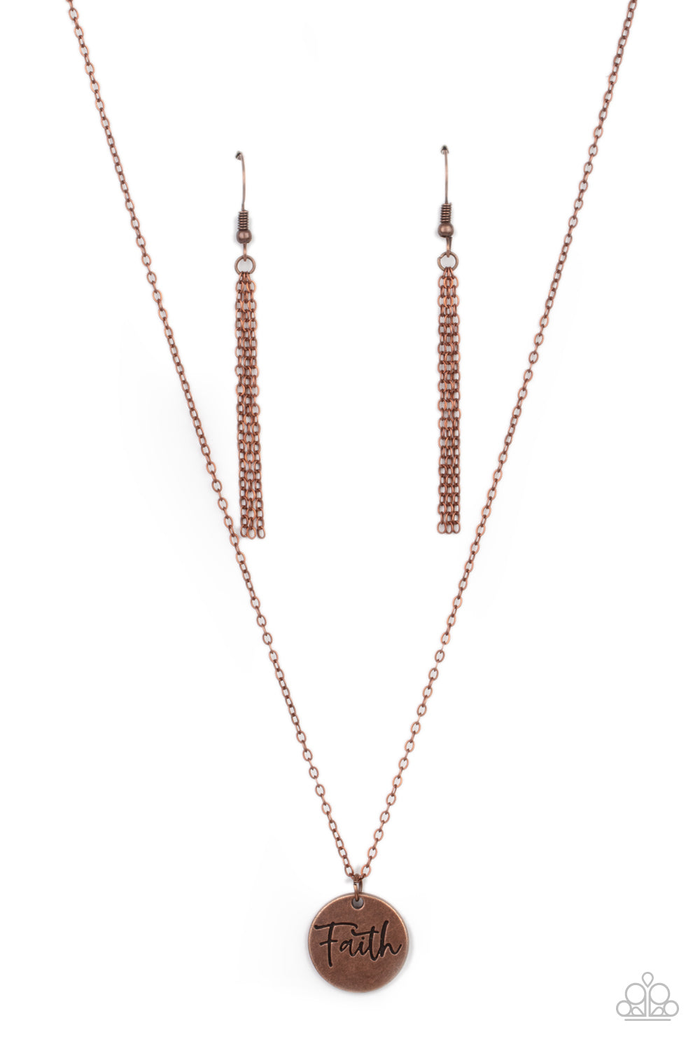 Choose Faith Copper Necklace - Paparazzi Accessories  A dainty copper disc is stamped in the word, "Faith," at the bottom of a rustic copper chain, creating an inspiring pendant below the collar. Features an adjustable clasp closure.  Sold as one individual necklace. Includes one pair of matching earrings.
