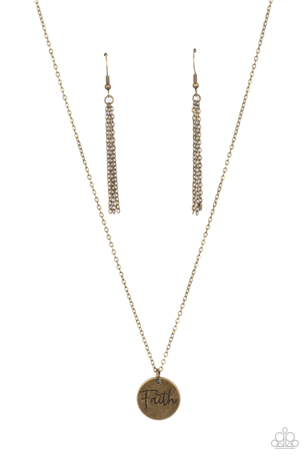 Choose Faith Brass Necklace - Paparazzi Accessories  A dainty brass disc is stamped in the word, "Faith," at the bottom of a rustic brass chain, creating an inspiring pendant below the collar. Features an adjustable clasp closure.  All Paparazzi Accessories are lead free and nickel free!  Sold as one individual necklace. Includes one pair of matching earrings.
