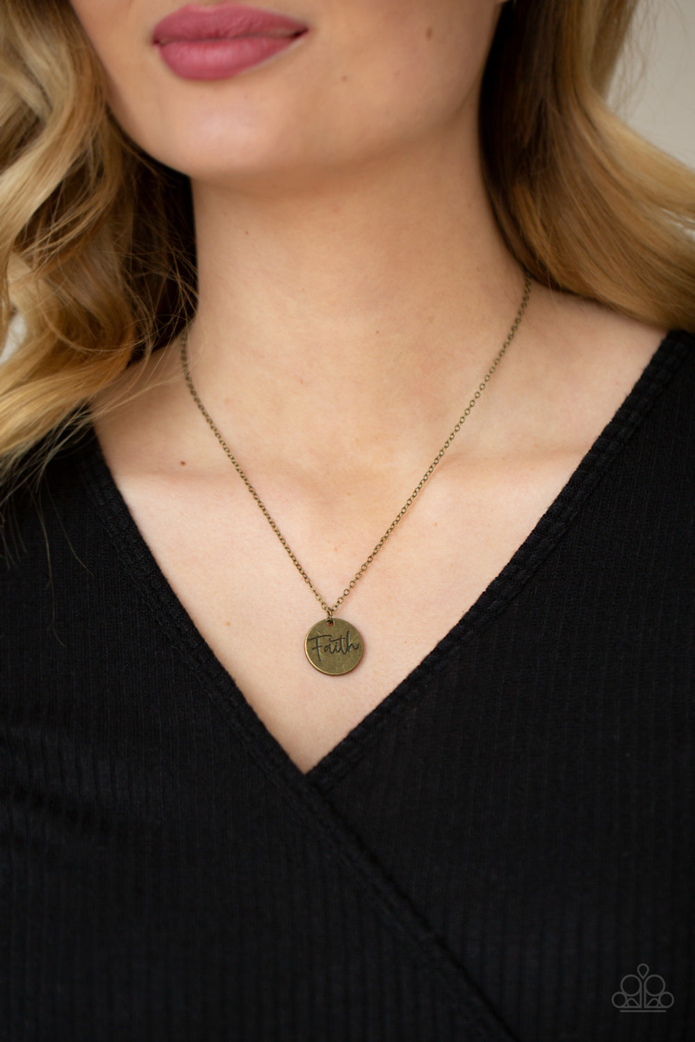 Choose Faith Brass Necklace - Paparazzi Accessories  A dainty brass disc is stamped in the word, "Faith," at the bottom of a rustic brass chain, creating an inspiring pendant below the collar. Features an adjustable clasp closure.  All Paparazzi Accessories are lead free and nickel free!  Sold as one individual necklace. Includes one pair of matching earrings.
