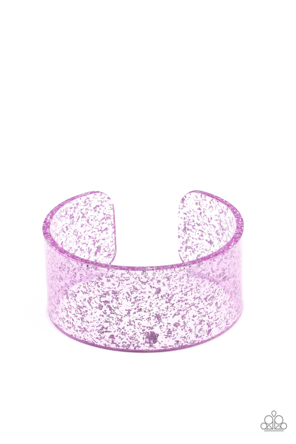 Snap, Crackle, Pop! Purple Cuff Bracelet - Paparazzi Accessories. Dainty silvery shavings are encased in a thick purple acrylic cuff, creating an icy incandescence around the wrist.  Sold as one individual bracelet.
