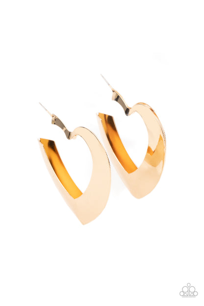 Heart-Racing Radiance Gold Hoop Earring - Paparazzi Accessories  Flat gold frames delicately collect into a voluminous heart shaped hoop for a flirtatious display. Earring attaches to a standard post fitting. Hoop measures approximately 2 1/4" in diameter.  Sold as one pair of hoop earrings.