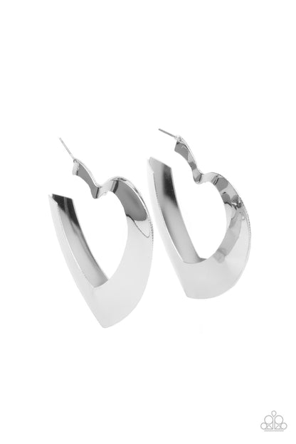 Heart-Racing Radiance Silver Hoop Earring - Paparazzi Accessories  Flat silver frames delicately collect into a voluminous heart shaped hoop for a flirtatious display. Earring attaches to a standard post fitting. Hoop measures approximately 2 1/4" in diameter.  All Paparazzi Accessories are lead free and nickel free!  Sold as one pair of hoop earrings.