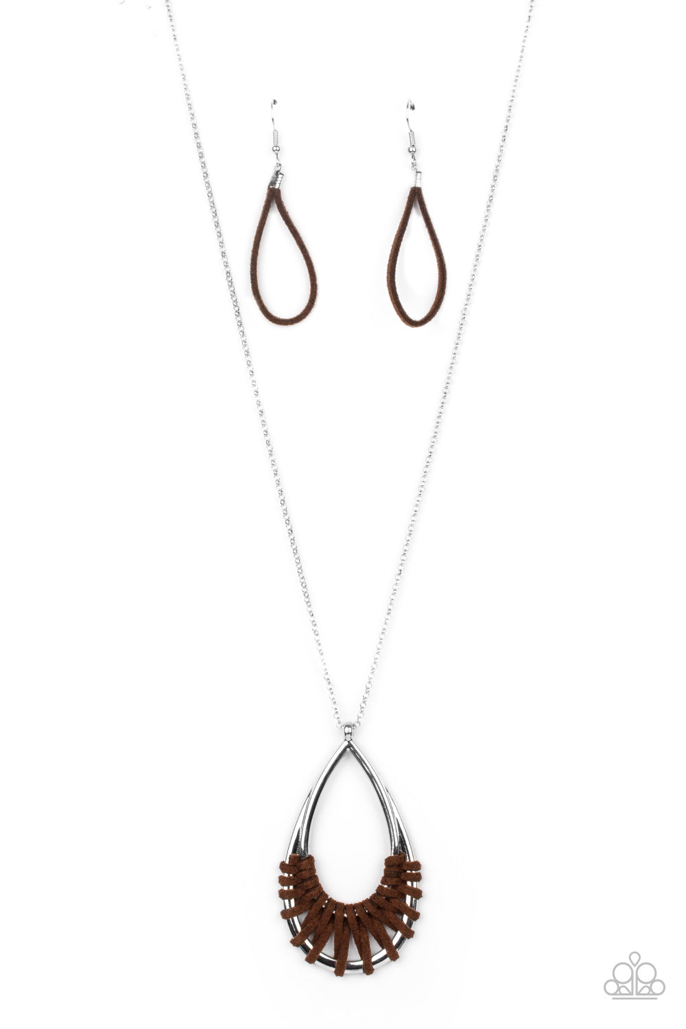 Homespun Artifact Brown Necklace - Paparazzi Accessories  Brown suede cording loops and weaves around the bottoms of a double stacked silver teardrop frame, creating an earthy pendant at the bottom of a dainty lengthened silver chain. Features an adjustable clasp closure.  Sold as one individual necklace. Includes one pair of matching earrings.