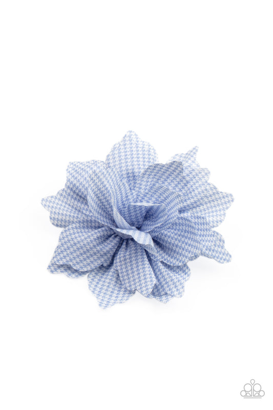 Plaid Prairies Blue Hair Clip - Paparazzi Accessories  Featuring a blue and white plaid-like pattern, scalloped petals delicately gather into a colorful blossom. Features a standard hair clip on the back.  Sold as one individual hair clip.