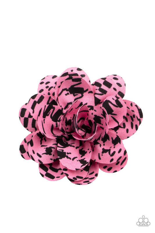 Patterned Paradise Pink Hair Clip - Paparazzi Accessories  Patterned in black ink-like blots, soft pink petals gather into an abstract blossom for a unique spring inspired look. Features a standard hair clip on the back.  ﻿All Paparazzi Accessories are lead free and nickel free!  Sold as one individual hair clip.