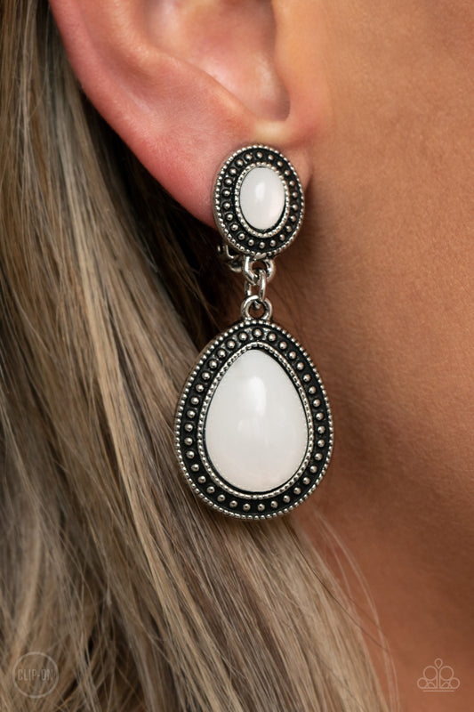 Carefree Clairvoyance White Clip-On Earring - Paparazzi Accessories