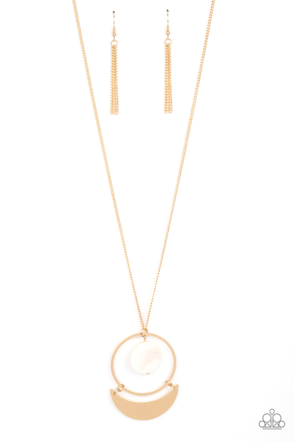 Moonlight Sailing Gold Necklace - Paparazzi Accessories. A white shell-like disc swings from the top of a flat gold hoop at the bottom of a lengthened gold chain. A flat gold crescent frame swings from the bottom of the display, creating a sleekly stacked pendant. Features an adjustable clasp closure.  All Paparazzi Accessories are lead free and nickel free!  Sold as one individual necklace. Includes one pair of matching earrings.