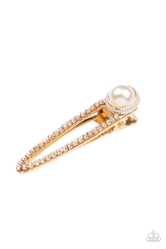 Expert in Elegance Gold Hair Clip - Paparazzi Accessories  Dotted with a bubbly pearl fitting, a classic gold frame is encrusted in glassy white rhinestones for a glamorous finish. Features a standard hair clip on the back.  ﻿All Paparazzi Accessories are lead free and nickel free!  Sold as one individual hair clip.