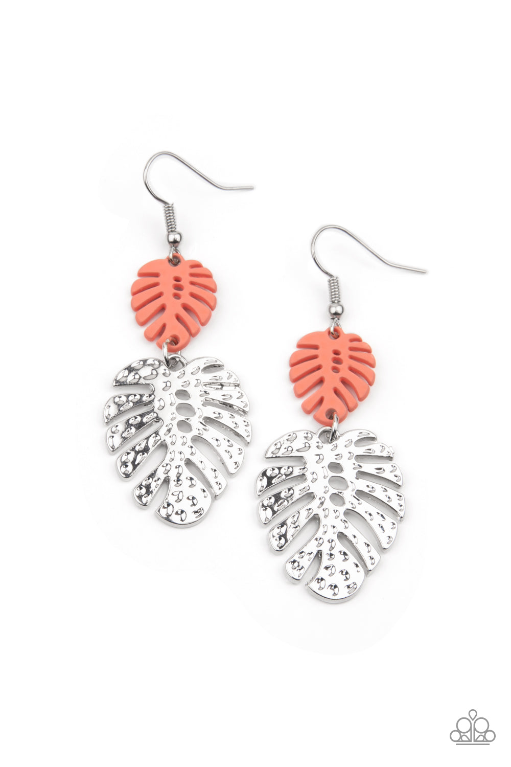 Palm Tree Cabana Orange Earring - Paparazzi Accessories  A coral palm leaf attaches to a hammered silver palm leaf, creating a colorful island inspired frame. Earring attaches to a standard fishhook fitting.  All Paparazzi Accessories are lead free and nickel free!  Sold as one pair of earrings.