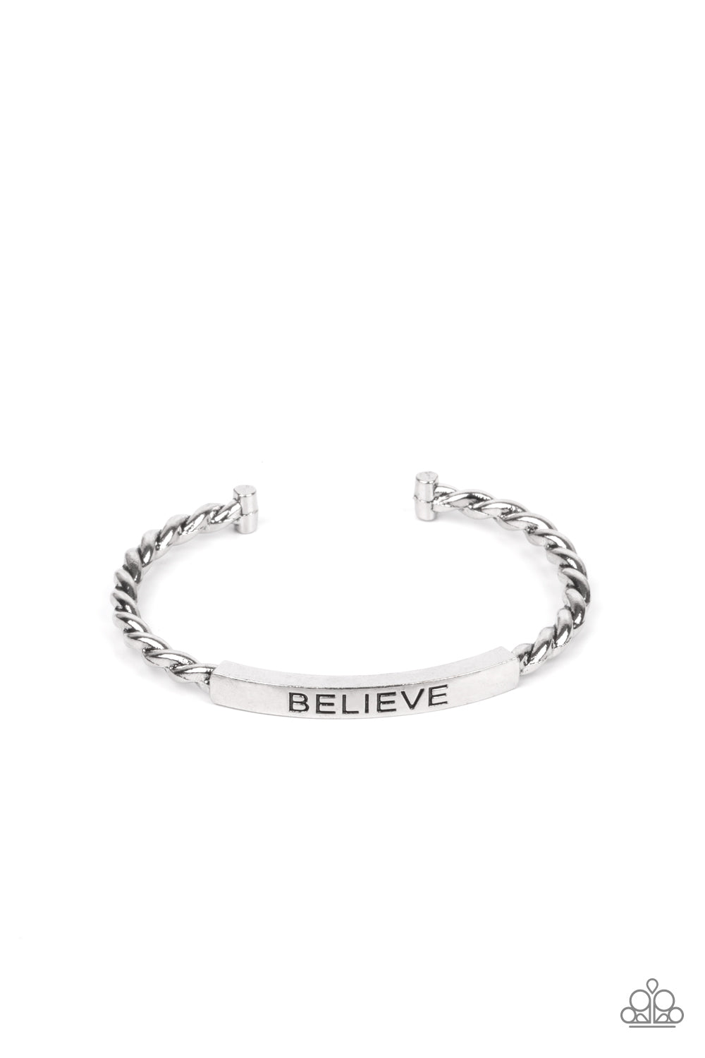 Keep Calm and Believe Silver Cuff Bracelet - Paparazzi Accessories  Twisted silver bars attach to a shiny silver plate stamped in the word, "BELIEVE," creating an inspiring cuff around the wrist.  Sold as one individual bracelet.