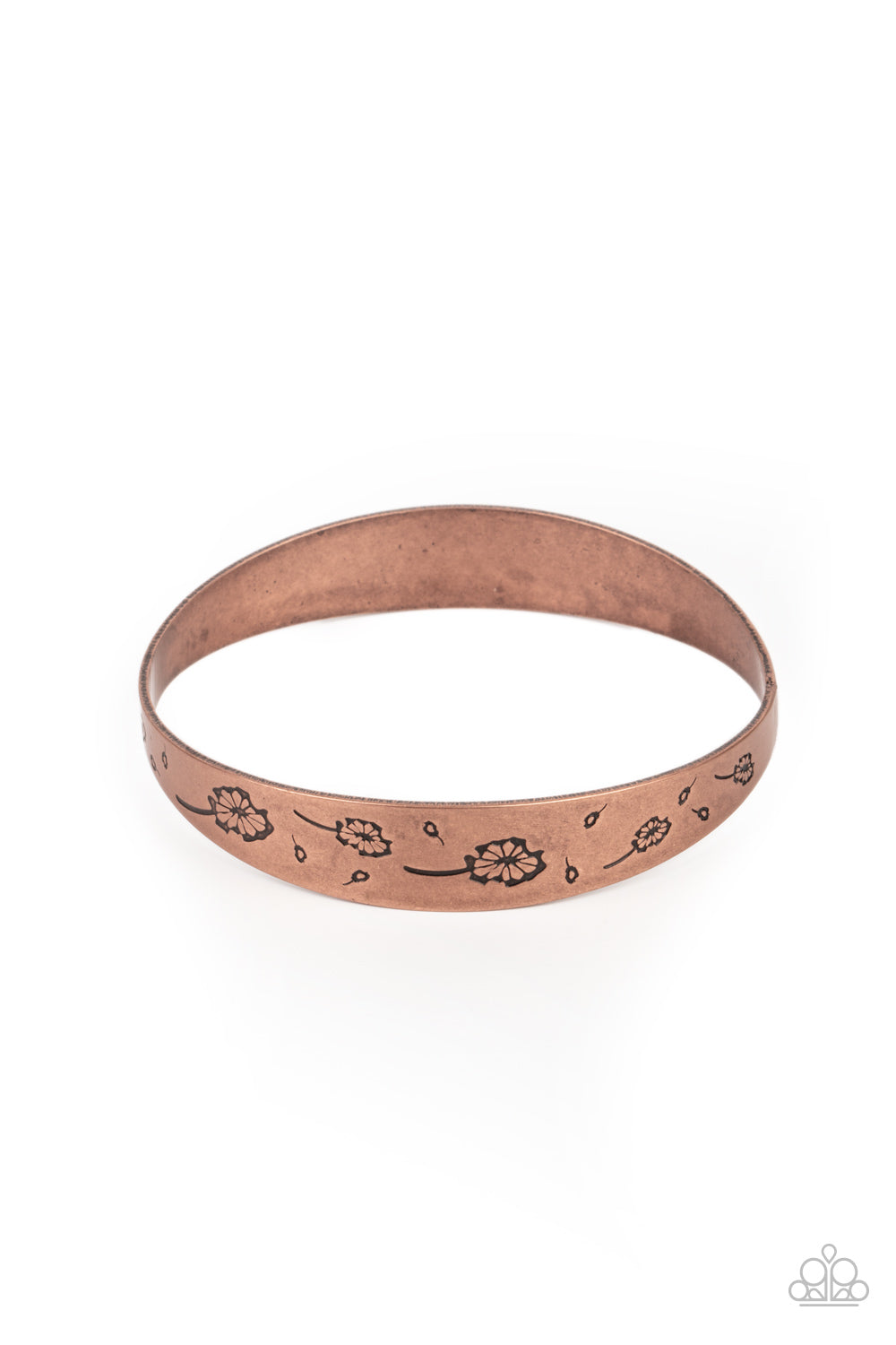 Dandelion Dreamland Copper Bangle Bracelet - Paparazzi Accessories  Flowery dandelion-like patterns are stamped across the front of an uneven copper bangle, creating a stackable seasonal display around the wrist.  ﻿All Paparazzi Accessories are lead free and nickel free!  Sold as one individual bracelet.