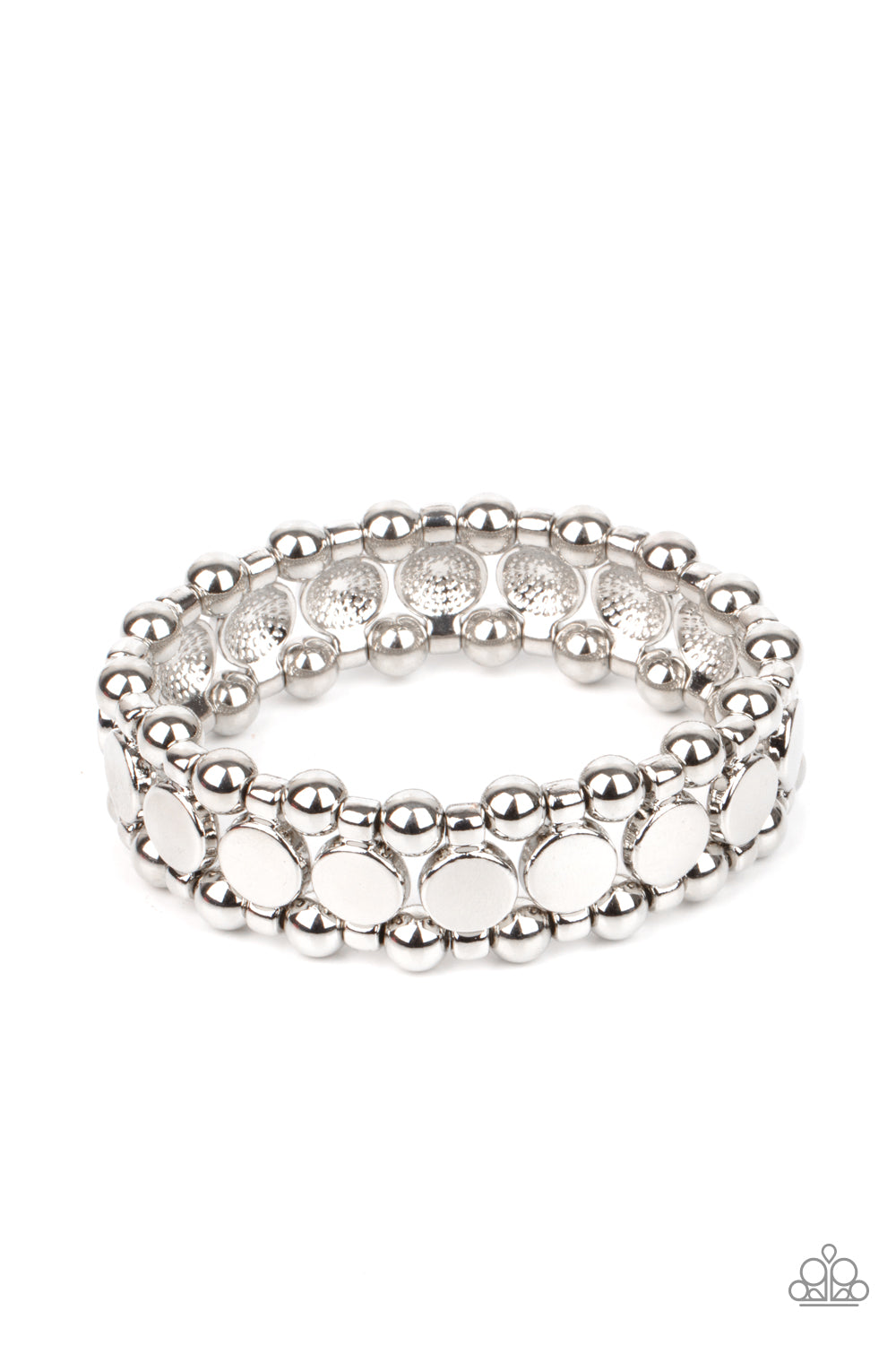Metro Magnetism Silver Bracelet - Paparazzi Accessories  Shiny silver disc fittings and pairs of classic silver beads are threaded along stretchy bands around the wrist that connect into a bold industrial display around the wrist.  All Paparazzi Accessories are lead free and nickel free!  Sold as one individual bracelet.