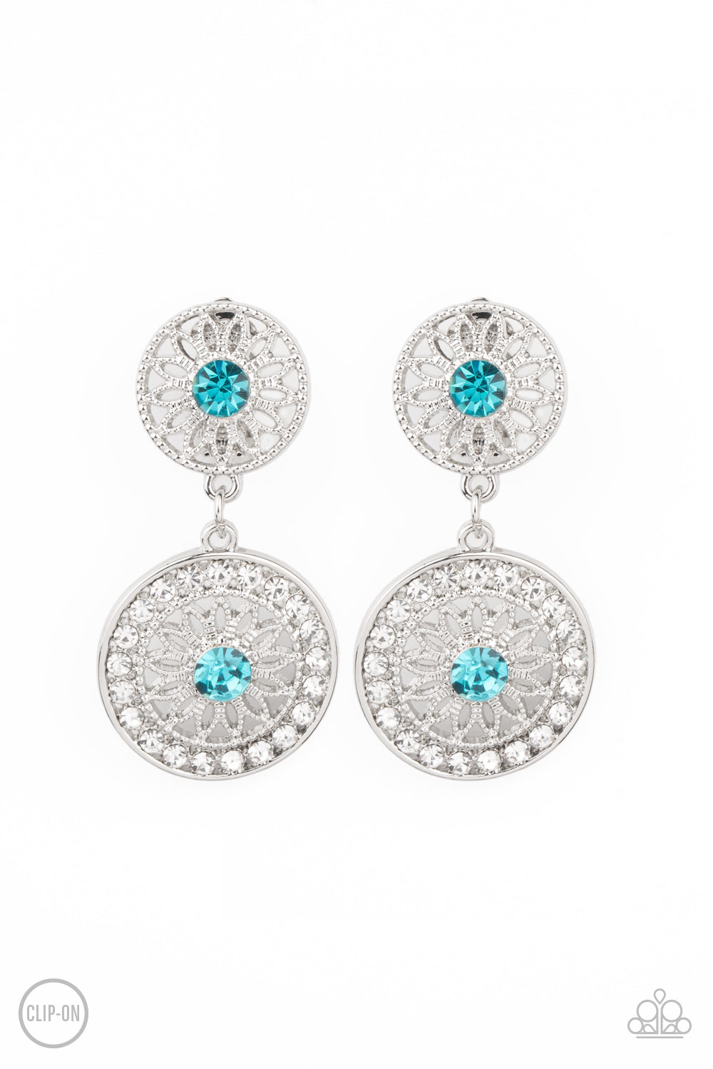 Life of The Garden Party Blue Clip-On Earring - Paparazzi Accessories.  Dotted with glittery blue rhinestone centers, shimmery silver floral frames link into a whimsical lure. The lower frame is bordered in glassy white rhinestones for a timeless finish. Earring attaches to a standard clip-on fitting.  ﻿All Paparazzi Accessories are lead free and nickel free!  Sold as one pair of clip-on earrings.