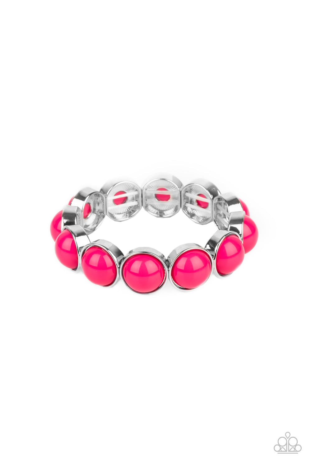 POP, Drop, and Roll Pink Bracelet - Paparazzi Accessories  Featuring flamboyant pink beaded centers, bubbly silver frames are threaded along stretchy bands around the wrist for a powerful pop of color.  All Paparazzi Accessories are lead free and nickel free!  Sold as one individual bracelet.