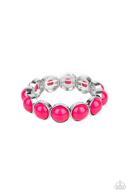 POP, Drop, and Roll Pink Bracelet - Paparazzi Accessories  Featuring flamboyant pink beaded centers, bubbly silver frames are threaded along stretchy bands around the wrist for a powerful pop of color.  All Paparazzi Accessories are lead free and nickel free!  Sold as one individual bracelet.