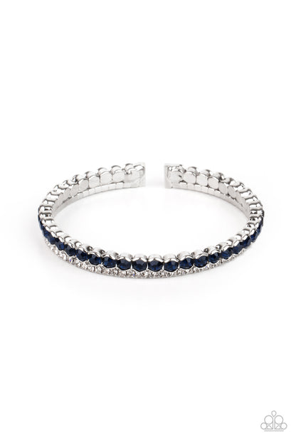 Fairytale Sparkle Blue Cuff Bracelet - Paparazzi Accessories  Mismatched strands of glassy white and glittery blue rhinestones stack into a dainty cuff around the wrist, creating a sparkly centerpiece.  All Paparazzi Accessories are lead free and nickel free!  Sold as one individual bracelet.