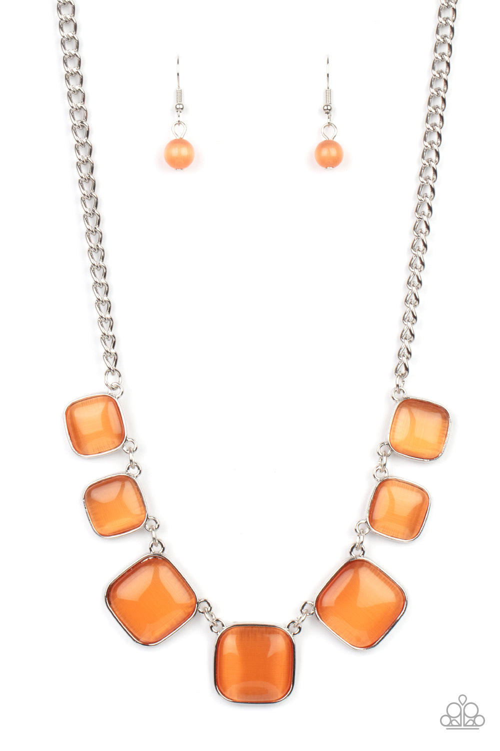 Aura Allure Orange Necklace - Paparazzi Accessories  Encased in square silver fittings, a dewy collection of orange cat's eye stones gradually increase in size as they link below the collar for a whimsical pop of color. Features an adjustable clasp closure.  ﻿All Paparazzi Accessories are lead free and nickel free!  Sold as one individual necklace. Includes one pair of matching earrings.