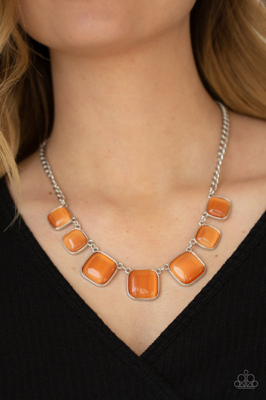 Aura Allure Orange Necklace - Paparazzi Accessories  Encased in square silver fittings, a dewy collection of orange cat's eye stones gradually increase in size as they link below the collar for a whimsical pop of color. Features an adjustable clasp closure.  ﻿All Paparazzi Accessories are lead free and nickel free!  Sold as one individual necklace. Includes one pair of matching earrings.