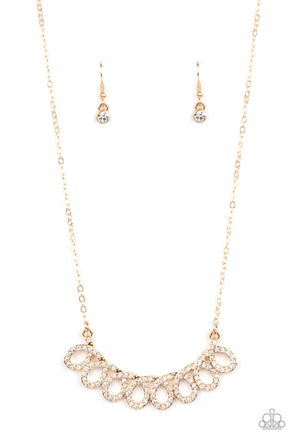 Timeless Trimmings Gold Necklace - Paparazzi Accessories  A white rhinestone encrusted gold ribbon delicately loops below the collar, coalescing into a timelessly stationary statement piece. Features an adjustable clasp closure.  ﻿All Paparazzi Accessories are lead free and nickel free!  Sold as one individual necklace. Includes one pair of matching earrings.
