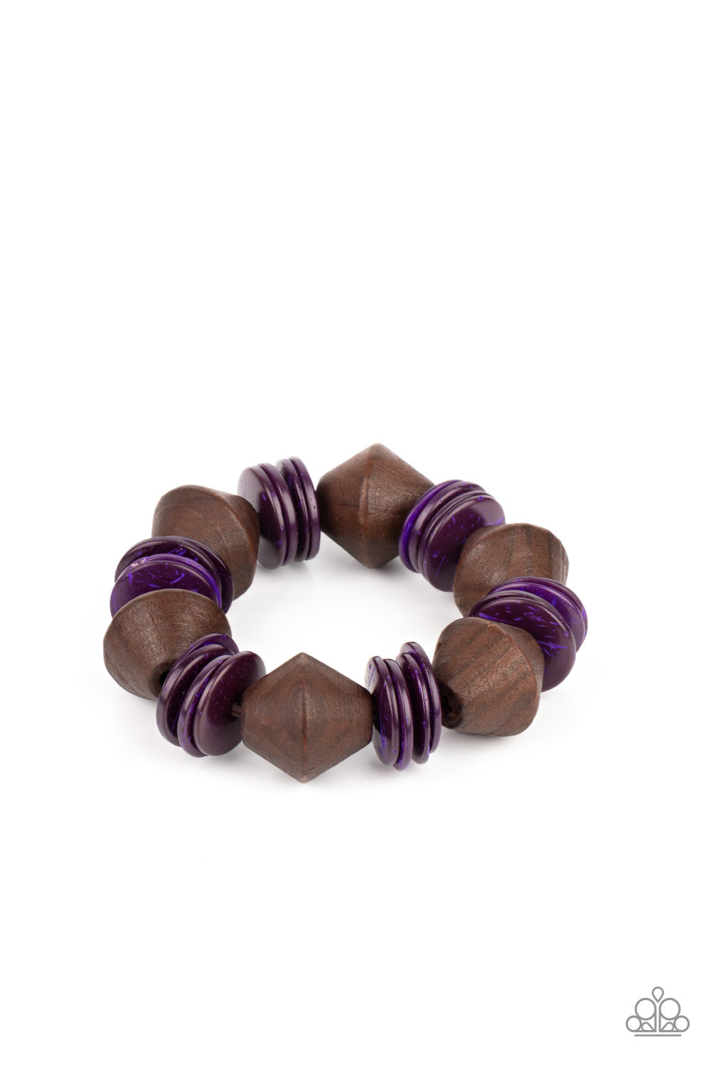 Bermuda Boardwalk Purple Wooden Bracelet - Paparazzi Accessories  Purple wooden discs and chunky brown wooden beads are threaded along a stretchy band around the wrist, creating a summery look.  All Paparazzi Accessories are lead free and nickel free!  Sold as one individual bracelet.