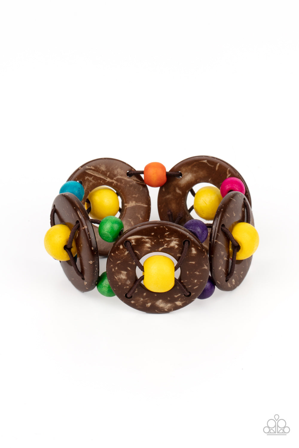 Island Adventure Multi Bracelet - Paparazzi Accessories  An oversized collection of multicolored beads and distressed brown wooden discs are threaded along stretchy bands that decoratively weave around the wrist for a summery flair.  Sold as one individual bracelet.