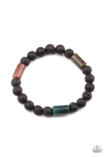 Earthy Energy Green Urban Bracelet - Paparazzi Accessories  Multicolored stone accents and black lava rock beads are threaded along a stretchy band around the wrist, creating a colorful seasonal display around the wrist.  All Paparazzi Accessories are lead free and nickel free!  Sold as one individual bracelet.