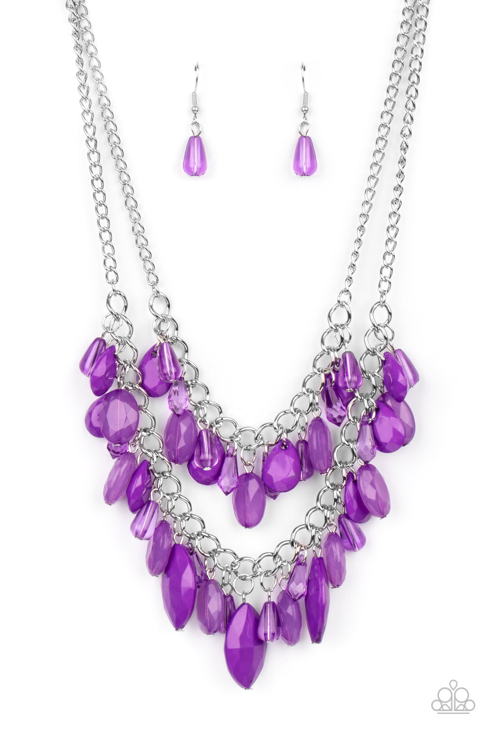 Midsummer Mixer Purple Necklace - Paparazzi Accessories. Varying in opacity, a vivacious collection of purple oval and teardrop acrylic and crystal-like beads cascade from two bold silver chains below the collar for a flirtatiously layered look. Features an adjustable clasp closure.  All Paparazzi Accessories are lead free and nickel free!  Sold as one individual necklace. Includes one pair of matching earrings.