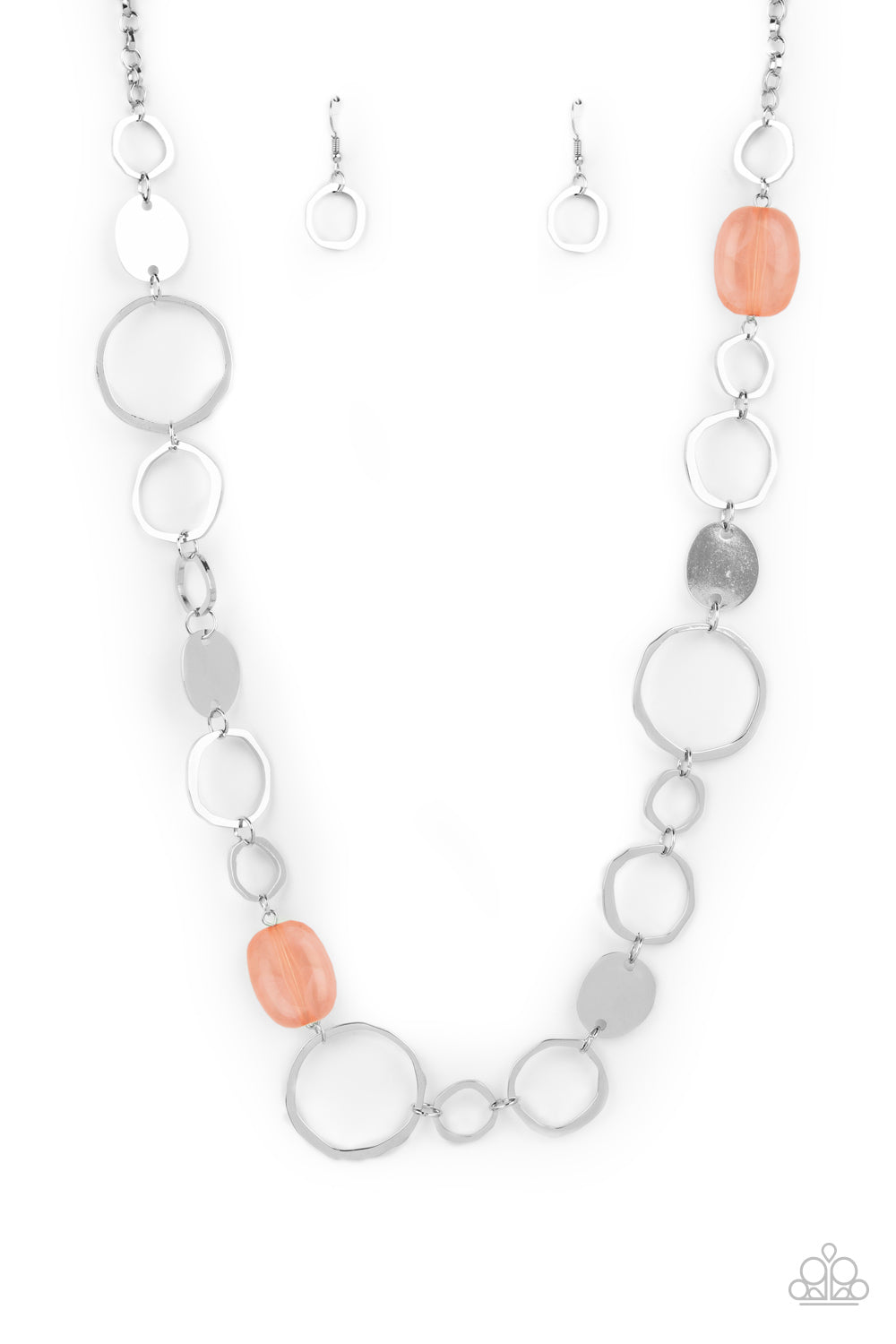 Colorful Combo Orange Necklace - Paparazzi Accessories  Infused with glassy coral accents, a shiny series of asymmetrical hoops and discs delicately link across the chest for a flirty pop of color. Features an adjustable clasp closure.  All Paparazzi Accessories are lead free and nickel free!  Sold as one individual necklace. Includes one pair of matching earrings.