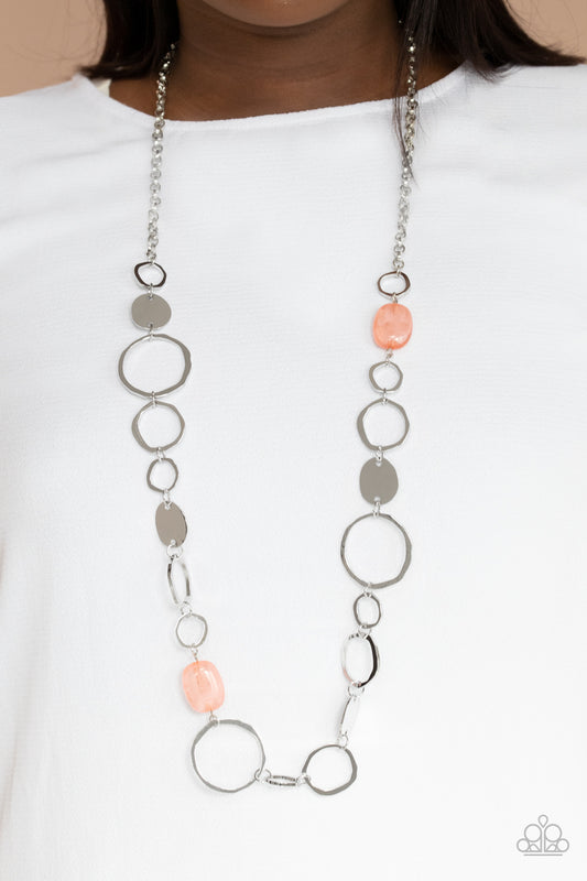 Colorful Combo Orange Necklace - Paparazzi Accessories  Infused with glassy coral accents, a shiny series of asymmetrical hoops and discs delicately link across the chest for a flirty pop of color. Features an adjustable clasp closure.  All Paparazzi Accessories are lead free and nickel free!  Sold as one individual necklace. Includes one pair of matching earrings.