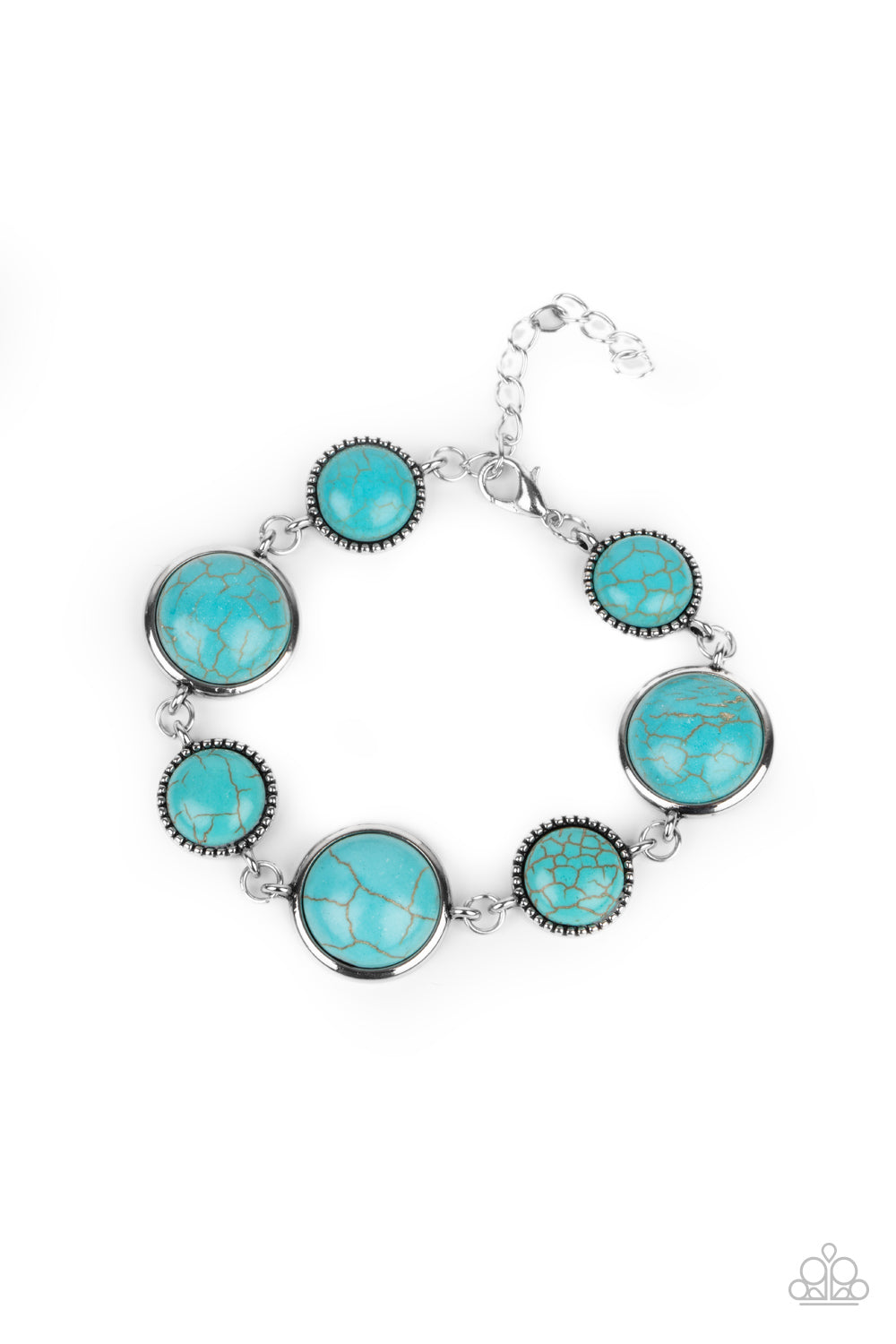 Turn Up The Terra Blue Bracelet - Paparazzi Accessories  Featuring studded and plain silver frames, small and large turquoise stones delicately alternate around the wrist for a rustic flair. Features an adjustable clasp closure.  All Paparazzi Accessories are lead free and nickel free!  Sold as one individual bracelet.  Get The Complete Look! Necklace: "Terrestrial Trailblazer - Blue" (Sold Separately)