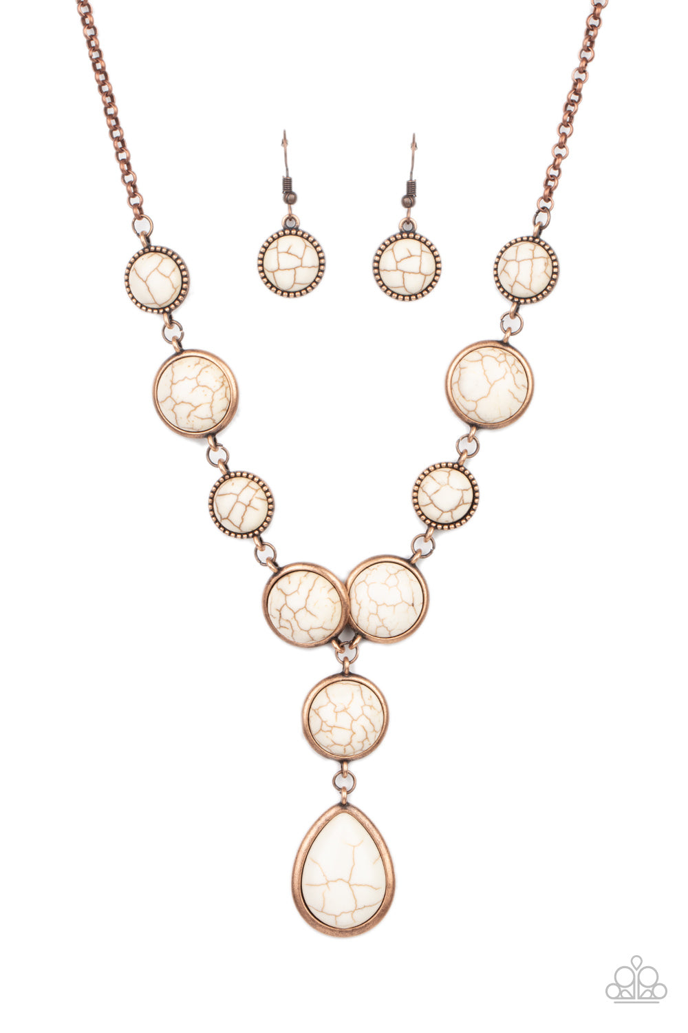 Terrestrial Trailblazer Copper Necklace - Paparazzi Accessories  Featuring studded and plain copper frames, small and large white stones delicately alternate below the collar. A refreshing white stone teardrop frame swings from the bottom of a matching stone frame, creating an earthy extended pendant. Features an adjustable clasp closure.  Includes one pair of matching earrings.  Get The Complete Look! Bracelet: "Turn Up The Terra - White" (Sold Separately)