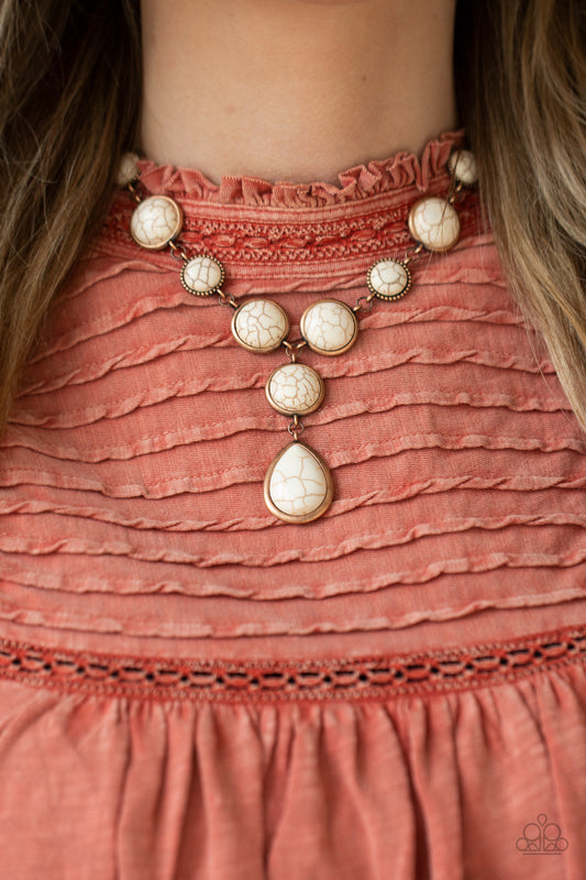Terrestrial Trailblazer Copper Necklace - Paparazzi Accessories  Featuring studded and plain copper frames, small and large white stones delicately alternate below the collar. A refreshing white stone teardrop frame swings from the bottom of a matching stone frame, creating an earthy extended pendant. Features an adjustable clasp closure.  Includes one pair of matching earrings.  Get The Complete Look! Bracelet: "Turn Up The Terra - White" (Sold Separately)