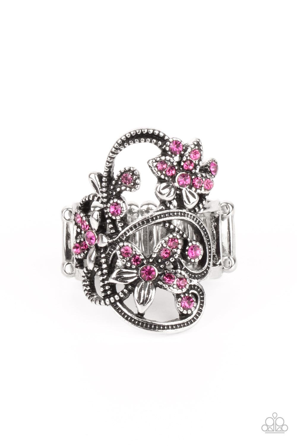 Bouquet Toss Pink Ring - Paparazzi Accessories  Dotted with dainty pink rhinestone centers, antiqued silver floral frames bloom across a studded backdrop for a sparkly seasonal look. Features a stretchy band for a flexible fit.  All Paparazzi Accessories are lead free and nickel free!  Sold as one individual ring.