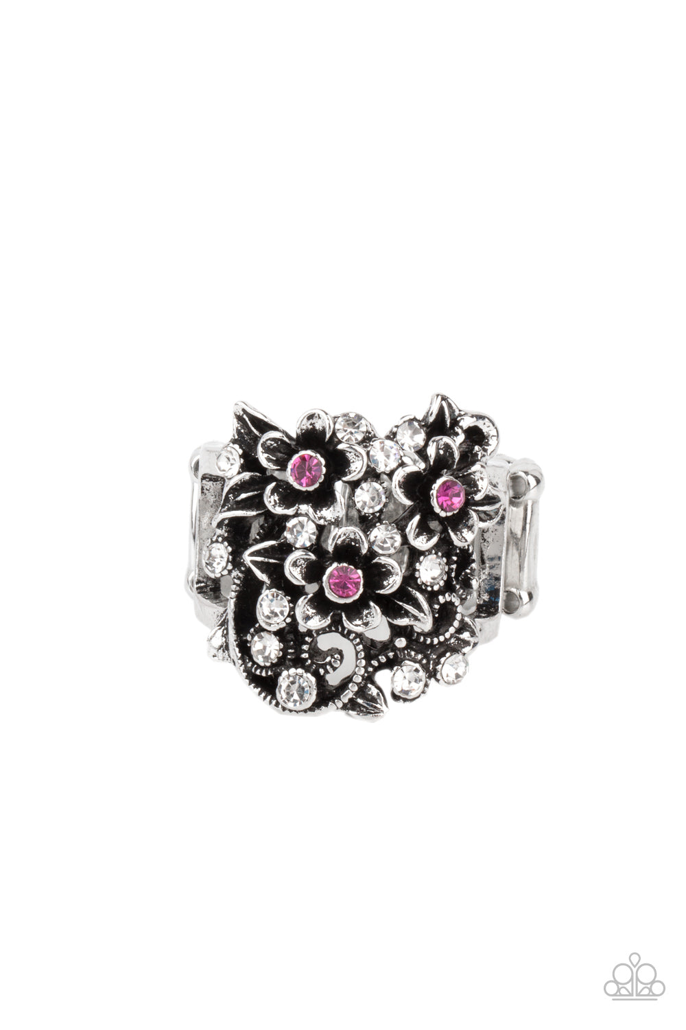 Perfectly Perennial Pink Ring - Paparazzi Accessories  Dotted with dainty pink rhinestone centers, antiqued silver floral frames bloom atop a leafy backdrop of glassy white rhinestones. Features a stretchy band for a flexible fit.  All Paparazzi Accessories are lead free and nickel free!  Sold as one individual ring.