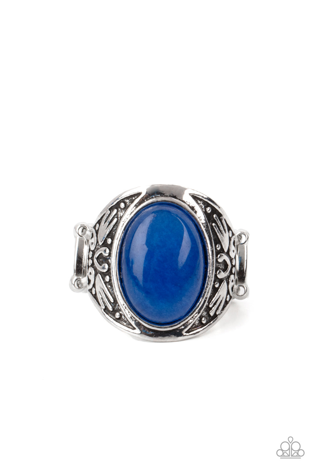 Sedona Dream Blue Ring - Paparazzi Accessories  An oversized lapis lazuli stone is pressed into the center of a thick silver frame embossed in antiqued tribal inspired patterns, creating an enchanting centerpiece atop the finger. Features a stretchy band for a flexible fit.  All Paparazzi Accessories are lead free and nickel free!  Sold as one individual ring.