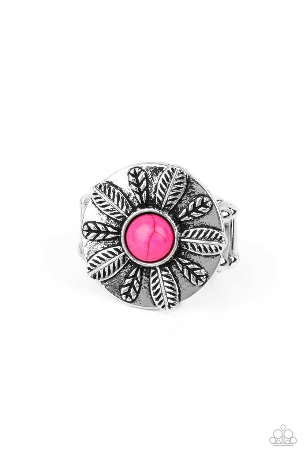 PALMS Reader - Pink Item #P4SE-PKXX-088XX An alternating collection of silver feathers and palm leaves fan out from a vivacious pink stone center atop a silver disc, creating a colorful display atop the finger. Features a stretchy band for a flexible fit.  Sold as one individual ring.