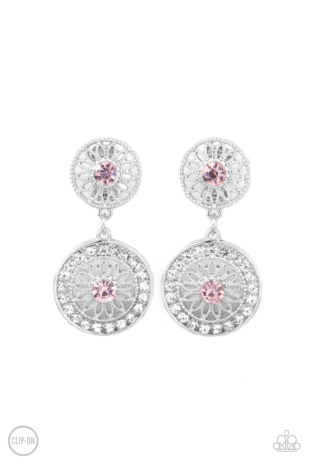 Life of The Garden Party Pink Clip-On Earring - Paparazzi Accessories  Dotted with glittery pink rhinestone centers, shimmery silver floral frames link into a whimsical lure. The lower frame is bordered in glassy white rhinestones for a timeless finish. Earring attaches to a standard clip-on fitting.  All Paparazzi Accessories are lead free and nickel free!  Sold as one pair of clip-on earrings.