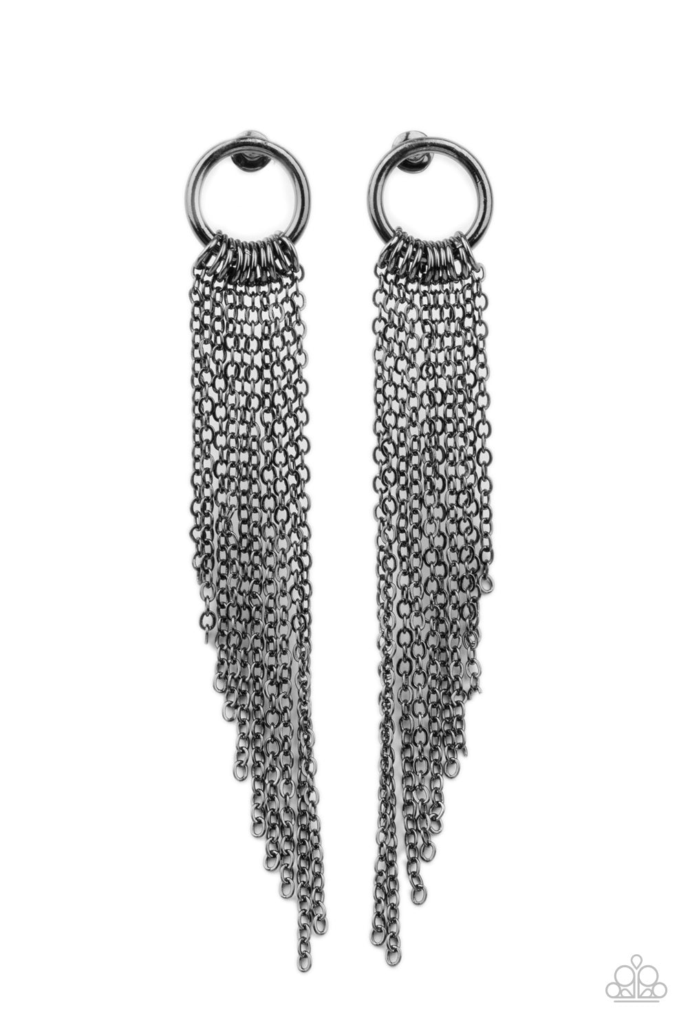 Divinely Dipping Black Earring - Paparazzi Accessories  Tapered gunmetal chains cascade from the bottom of a dainty gunmetal hoop, creating an angled fringe. Earring attaches to a standard post fitting.  All Paparazzi Accessories are lead free and nickel free!  Sold as one pair of post earrings.