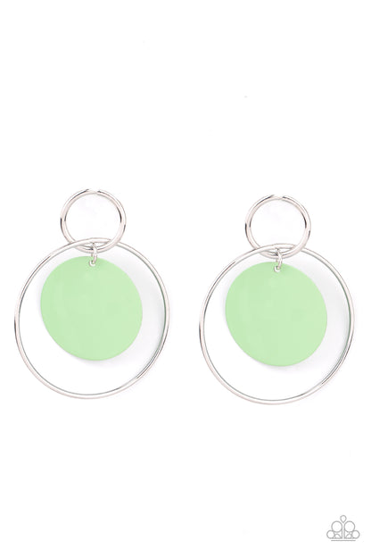 POP, Look, and Listen Green Earring - Paparazzi Accessories  A minty Green Ash disc swings from two interlocking silver hoops, creating a flirtatious pop of color. Earring attaches to a standard post fitting.  All Paparazzi Accessories are lead free and nickel free!  Sold as one pair of post earrings.