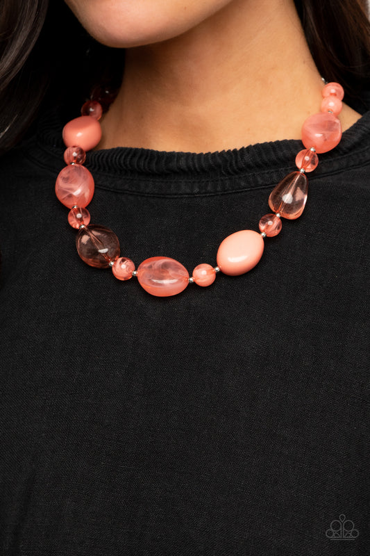 Staycation Stunner Orange Necklace - Paparazzi Accessories.  Featuring glassy, opaque, and solid finishes, an array of Burnt Coral faux stone beads and dainty silver beads are threaded along an invisible wire below the collar, creating a colorful statement piece. Features an adjustable clasp closure.  ﻿﻿﻿Sold as one individual necklace. Includes one pair of matching earrings.  Get The Complete Look! Bracelet: "I Need a STAYCATION - Orange" (Sold Separately)