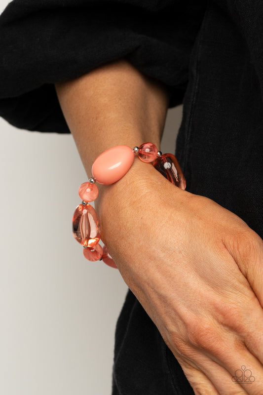 I Need a STAYCATION Orange Bracelet - Paparazzi Accessories.  Featuring glassy, opaque, and solid finishes, an array of Burnt Coral faux stone beads and dainty silver beads are threaded along a stretchy band around the wrist for a boldly colorful fashion.  ﻿﻿﻿All Paparazzi Accessories are lead free and nickel free!  Sold as one individual bracelet.  Get The Complete Look! Necklace: "Staycation Stunner - Orange" (Sold Separately)